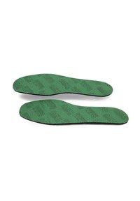 Green insoles with textured surface and printed patterns. Black backing provides stability. Designed for comfort and support in footwear.