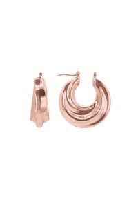 Boucles d'oreilles créoles en or rose avec une finition polie, présentant un design torsadé et une fermeture à crochet sécurisée. Texture lisse avec une surface réfléchissante.