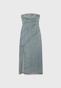 Denim strapless dress, vaaleansininen, muotoon ommeltu bodice, epäsymmetrinen saumasuunnittelu, polvimittainen sivuhalkiolla, ei-elastinen denim-pinta.