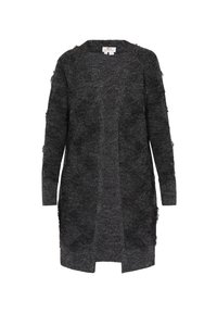Tmavě šedý cardigan vyrobený z měkkého, texturovaného materiálu, s dlouhým otevřeným designem, dlouhými rukávy a jemným třepetáním na okrajích.