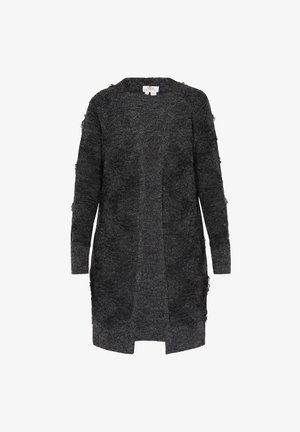 Tumma harmaa neulepusero, joka on valmistettu pehmeästä, teksturoidusta materiaalista. Tässä neuleessa on pitkä avonainen malli, pitkät hihat ja hienovaraisia rikkinäisiä yksityiskohtia reunoilla.