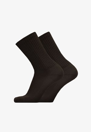 Black cotton crew socks with ribbed texture, featuring reinforced heel and toe areas. Simple design without visible patterns or accents.