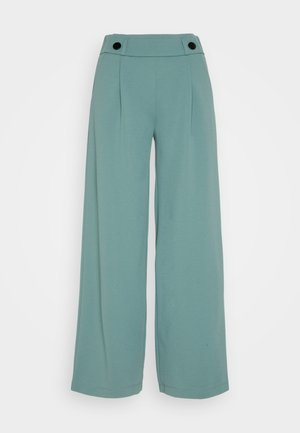 Wide-leg trousers in light teal fabric, featuring a flat front with two buttons and pleats, finished with a smooth waistband.