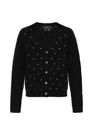 Sort strikket cardigan med diamantmønster, små sølvstænger, lange ærmer, V-udskæring og fem frontmetalknapper.