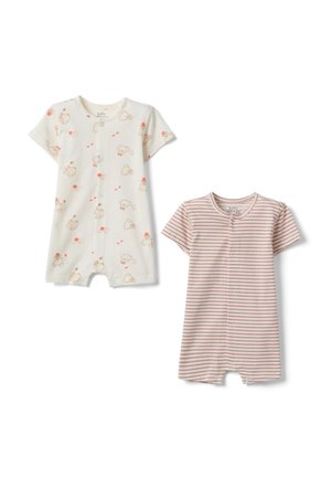 Due tutine corte per neonati, una bianca con stampe di orsetti e palloncini, una rosa chiaro con sottili righe orizzontali, entrambe con chiusure a scatto frontali.