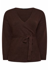 Brun stickad tröja med v-ringning, insvept design och lång ärm. Har ett matchande tygbälte knutet i midjan. Mjuk textur.