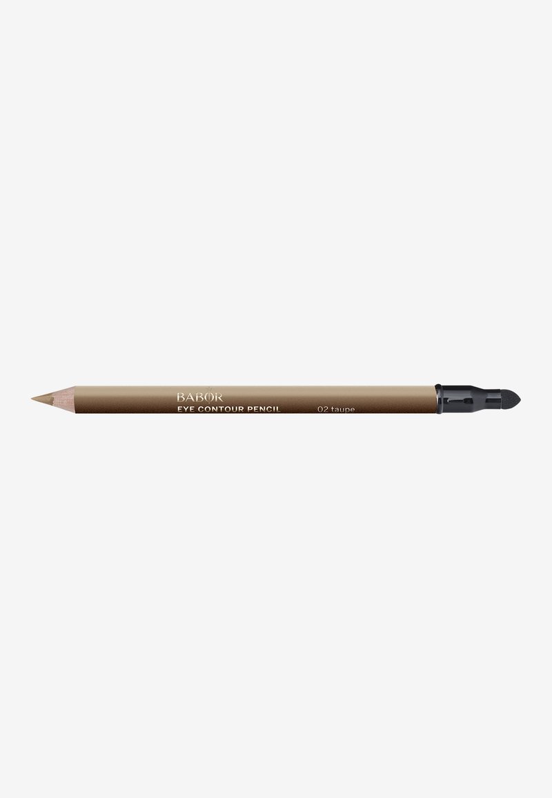 Lápiz para contorno de ojos marrón con punta afilada y esponja difusora en un extremo, etiquetado como "Babor Eye Contour Pencil 02 taupe."