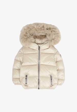 Giacca puffer beige con cappuccio in pelliccia sintetica, chiusura con zip e tasche laterali. Presenta un design trapuntato e una morbida texture del tessuto lucido.