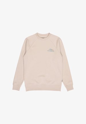 Sweat beige à manches longues avec col rond et petit logo Billabong bleu et orange sur la poitrine gauche.