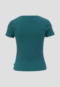 Teal-farbene, taillierte T-Shirt mit kurzen Ärmeln, geripptem Textur und gewelltem Saum. Einfaches Design mit Rundhalsausschnitt und ohne sichtbare Logos.