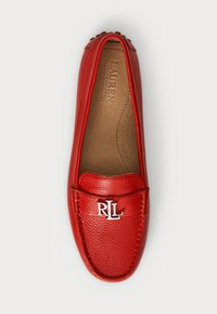 Red leather loafer with a textured finish, featuring a silver "RLL" logo on the front. The interior is tan with perforated detailing.