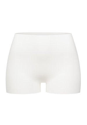 Weiße Shorts aus glattem Stoff, mit einem niedrig sitzenden Bund, ohne sichtbare Nähte und einem kleinen Ausschnitt vorne.
