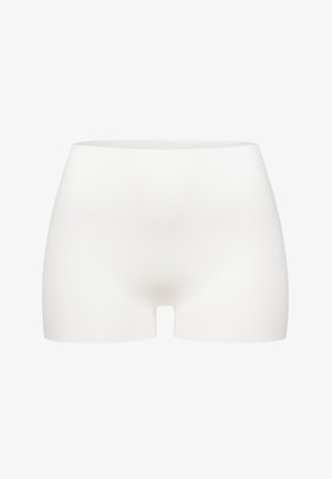 Weiße Shorts aus glattem Stoff, mit einem niedrig sitzenden Bund, ohne sichtbare Nähte und einem kleinen Ausschnitt vorne.
