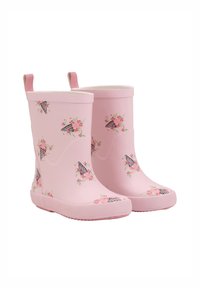 Bottes en caoutchouc roses avec un motif floral et de cônes de glace, texture lisse, languettes de traction et semelle texturée pour l'adhérence.