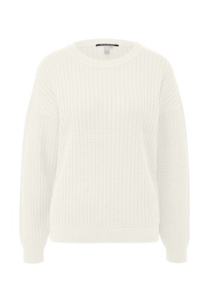 Pull blanc en maille avec un motif texturé, encolure ronde et manches longues. Comprend des poignets et un ourlet côtelés. Tissu doux.