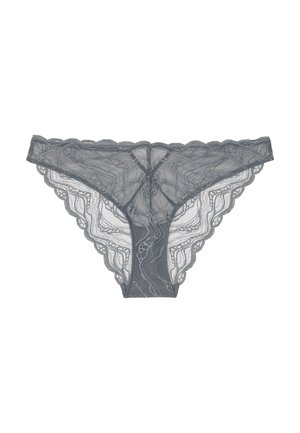 Grijze kant string met een scalloped rand, bloemenpatronen en een centrale strikdetail. Doorzichtig stof voegt een delicate textuur toe.