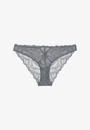 Gray lace thong featuring a scalloped edge, floral patterns, and a central tie detail. Sheer fabric adds a delicate texture.