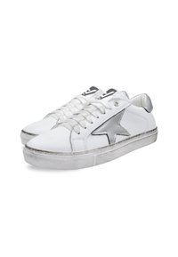 White leather sneakers with silver star detail, gray laces, and textured rubber sole, featuring round toe and reinforced stitching.