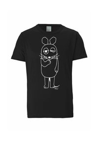 Schwarzes T-Shirt mit einem weißen Cartoon-Maus-Design, das ein markantes Zwinkern, große Ohren und dünne Schnurrhaare zeigt und eine verspielte Haltung einnimmt.