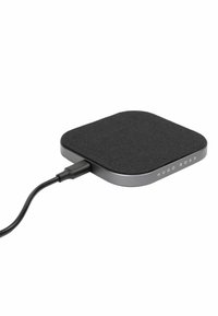 Black wireless charger with a textured surface, square shape, and a gray metallic base. Includes a connecting black cable.
