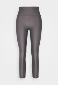 Vysoké šedé legíny vyrobené z hladkého, elastického materiálu s hladkým a přiléhavým střihem a čistým prošitím.