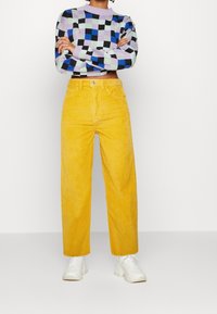 Barevný zkrácený svetr s kostkovaným vzorem v purpurové, modré, zelené a černé barvě. Žluté široké kordové kalhoty s vysokým pasem. Bílé tenisky.