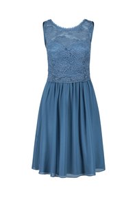 Blauwe jurk met een kant bodice en golvende halslijn, vloeiende rok en zachte textuur, ideaal voor formele gelegenheden of zomer evenementen.