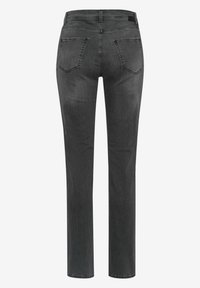 Gray denim jeans with a straight-leg design, featuring a mid-rise waist, traditional back pockets, and standard stitching details.