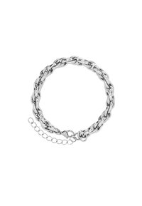 Bracciale in argento con anelli intrecciati e un gancio con catena regolabile per variare la misura. Texture liscia e lucida.