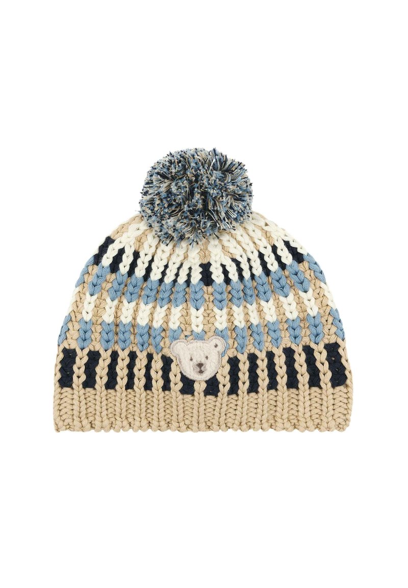 Knitted beanie in cream, navy, and light blue stripes, featuring a soft pom-pom on top and a bear face embroidered on the front.