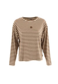 Camicia a maniche lunghe a righe, marrone e crema, con scollatura rotonda, vestibilità rilassata e un piccolo logo sul petto. Materiale in cotone morbido.