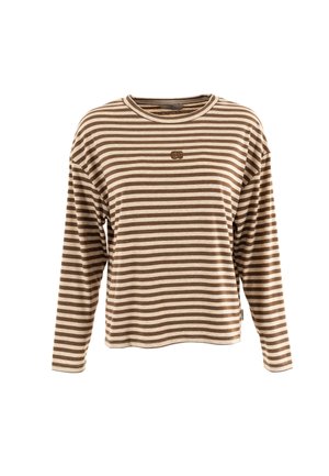 Chemise à rayures à manches longues en marron et crème, avec un col rond, une coupe décontractée et un petit logo sur la poitrine. Matière en coton douce.