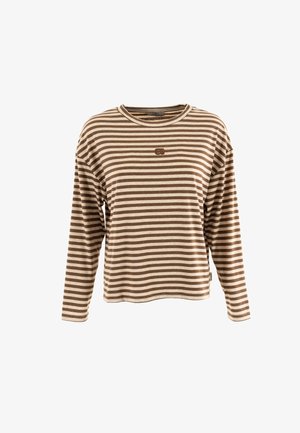 Gestreepte lange mouwen shirt in bruin en crème, met een ronde hals, een ontspannen pasvorm en een klein logo op de borst. Zacht katoenmateriaal.