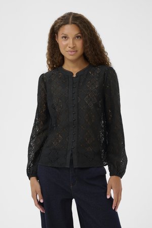 Black lace blouse with puff sleeves, features a button-down front, intricate floral patterns, and scalloped neckline detailing.