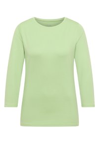 Chemise à manches longues vert clair en tissu doux. Présente un col rond et un ourlet droit. Sans motifs ni accents visibles.