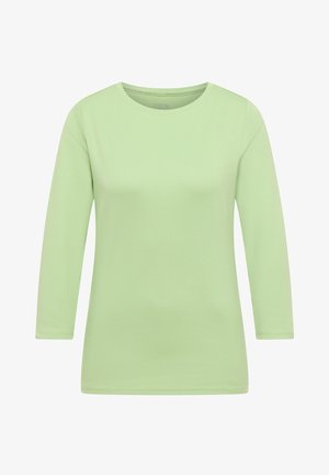 Camicia verde chiaro a maniche lunghe in tessuto morbido. Presenta una scollatura rotonda e un orlo dritto. Senza motivi o dettagli visibili.