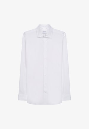 Weißes Langarmhemd aus glattem Stoff, mit klassischem Kragen, Knopfverschluss vorne und gerader Saum. Keine Muster oder Akzente.
