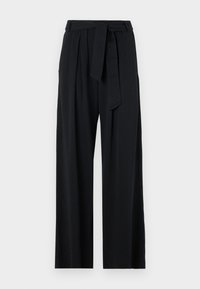 Wide-leg black trousers with a belted waist, featuring a smooth texture and minimal detailing, suitable for various occasions.