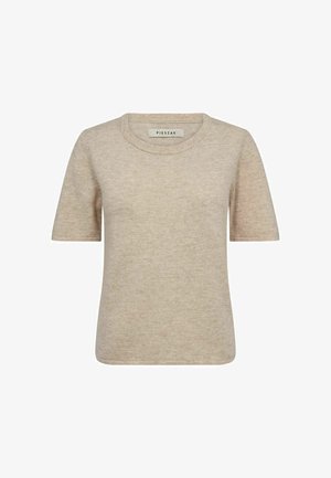 Bež kratki rukav pleteni džemper s okruglim izrezom i vidljivom oznakom marke "Pieszak" unutar ovratnika.