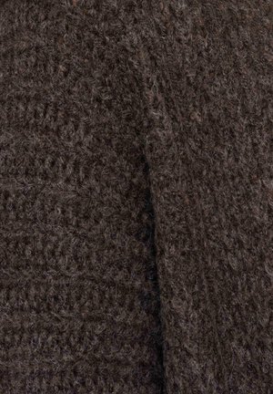 Dark brown knitted fabric with a textured surface, featuring raised patterns and varied yarn thickness, creating a cozy appearance.