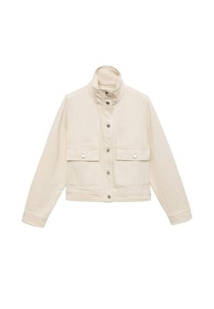 Light beige cropped jacket with a high collar, two front pockets, snap buttons, and a smooth, textured fabric.