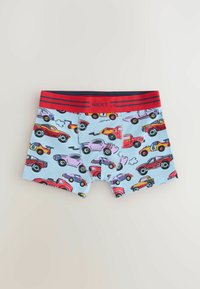 Killar boxers i ljusblått tyg med olika färgglada tecknade bilar. Röd elastisk midjeband med randdetalj. Mjuk bomullsblandning.