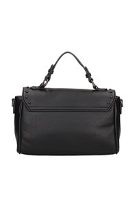 Borsa a mano in pelle nera con superficie texturizzata, manico superiore e borchie decorative. Presenta una forma strutturata e chiusura a patta.