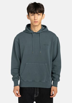 Hooded sweatshirt in dark teal, made of soft fabric. Features a front pouch pocket, ribbed cuffs, and subtle logo embroidery on chest.