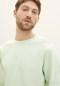 Jasnozielony sweter z gładkiego, teksturowanego materiału. Posiada okrągły dekolt i minimalistyczny design z subtelnymi szwami na ramionach.