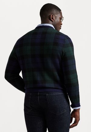 Un pull en tricot à carreaux vert foncé et bleu marine avec une finition texturée, un col et un ourlet côtelés, porté par-dessus une chemise à col bleu clair.