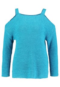 Pull en tricot turquoise avec manches longues, design à épaule dénudée, tissu texturé et coupe ample. L'ourlet est légèrement effiloché.
