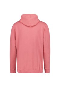 Roze hoodie gemaakt van zachte stof, met een kangoeroezak en geribbelde manchetten. Gladde textuur met een eenvoudig ontwerp.