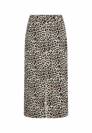 Falda recta de cintura alta con estampado de leopardo en beige, marrón y negro y detalle de costura central en la parte delantera.