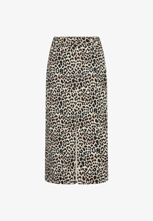 Falda recta de cintura alta con estampado de leopardo en beige, marrón y negro y detalle de costura central en la parte delantera.